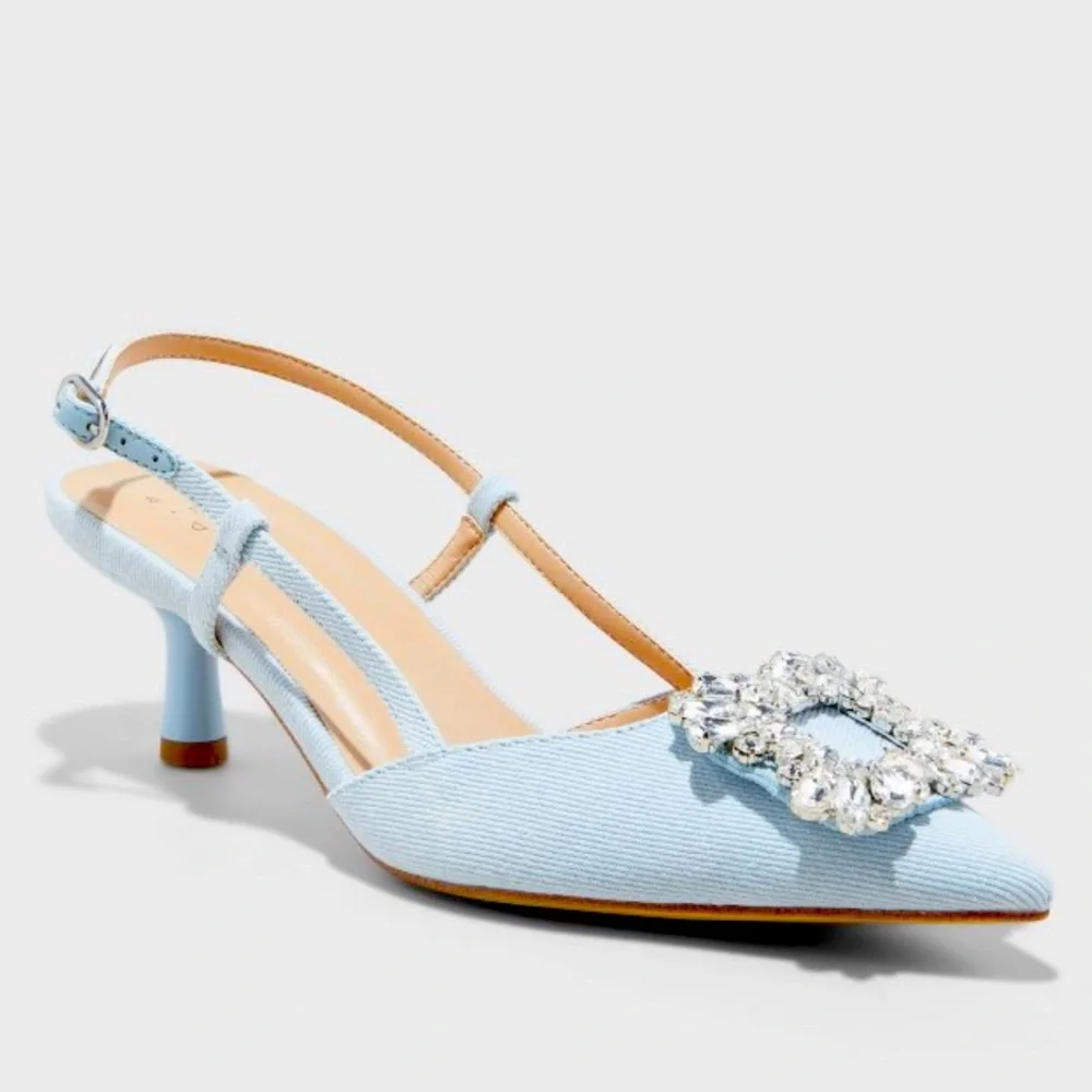 Target Annette Womens Slingback Heels A New Day Blue Denim Rhinestone Size 6 NWT